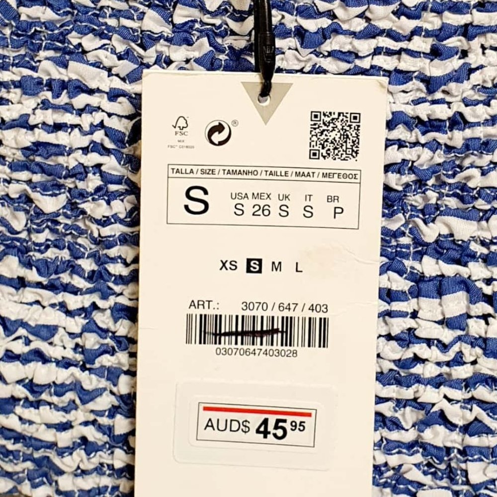 ZARA Blue White Nautical Stripe Shirred Puff Sleeve One Shoulder Crop Top NWT - Picture 8 of 8